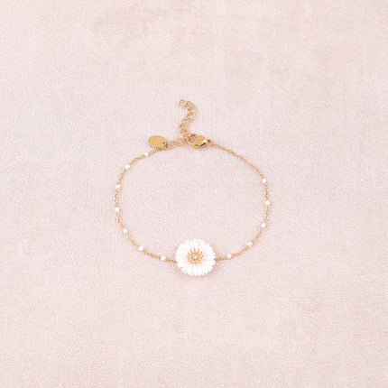 Bracelet - chain with enamel and mother-of-pearl flower with cubic zirconia