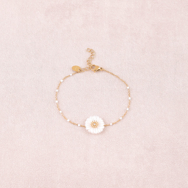 Bracelet - chaîne avec émail et fleur nacrée avec oxydes de zirconium
