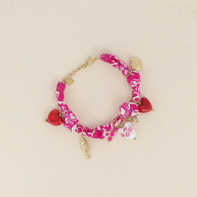 Bracelet - tissu, breloques (Céramique, poisson, coeurs, résine et perles d'eau douce)