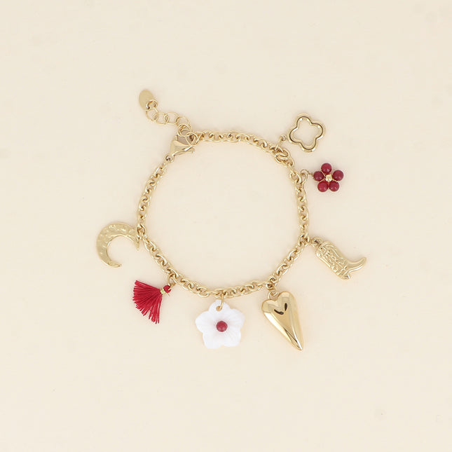 Bracelet - lune, pompon, fleur nacrée, coeur, botte, fleur perlée, trèfle ajouré