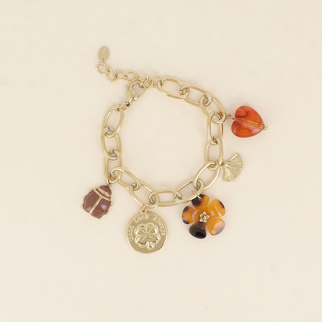 Bracelet - ladybug, coin with clover, resin leopard flower, ginkgo and resin heart