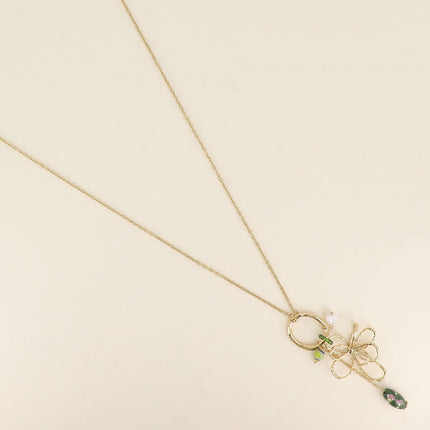 Sautoir - fleur ajourée, perle en céramique émaillée, perle d'eau douce