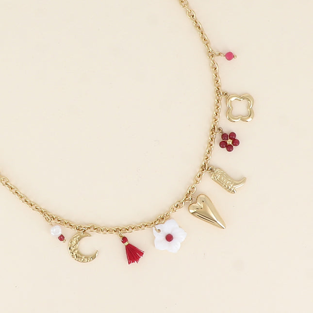 Collier - lune, pompon, fleur nacrée, coeur, botte, fleur perlée, trèfle ajouré