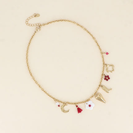 Necklace - moon, tassel, mother-of-pearl flower, heart, boot, beaded flower, openwork clover