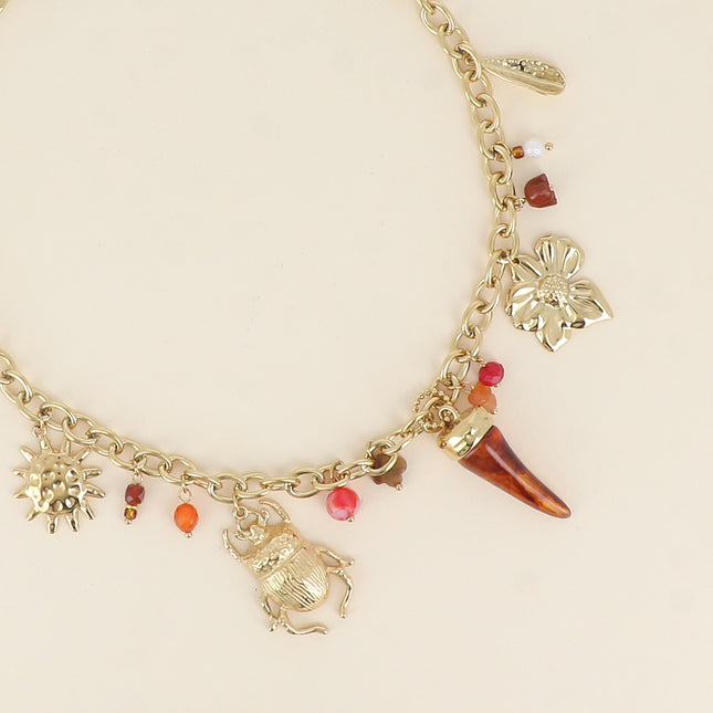 Collier - trèfle en pierre naturelle, scarabée, soleil, corne en résine