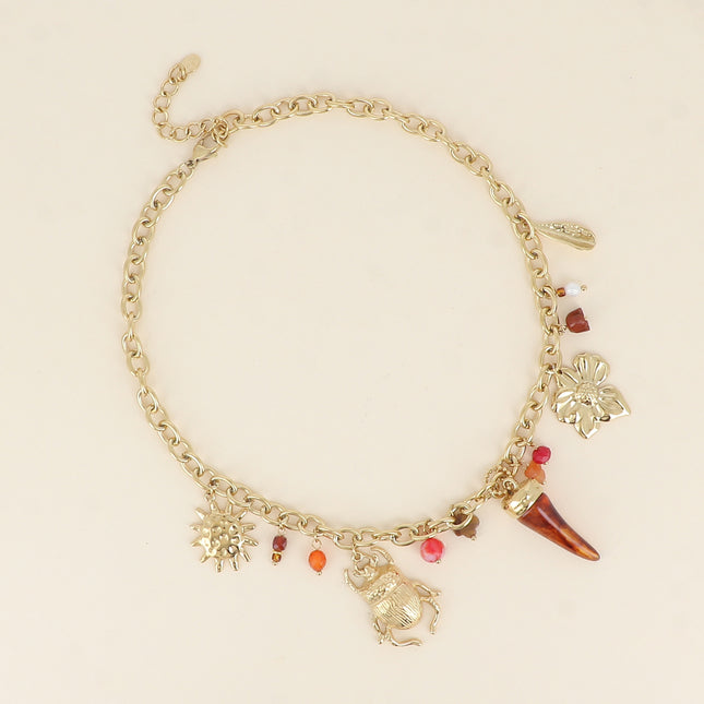 Collier - trèfle en pierre naturelle, scarabée, soleil, corne en résine