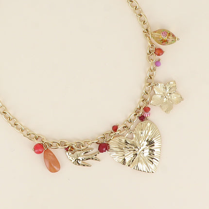 Necklace - enameled ceramic beads, natural stones, bird, heart, flower