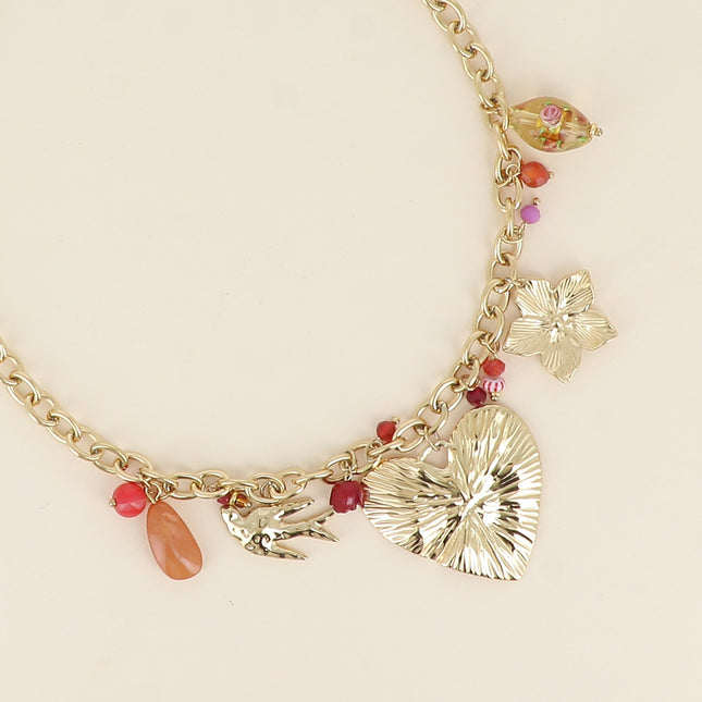Collier - perles en céramique émaillée, pierres naturelles, oiseau, coeur, fleur