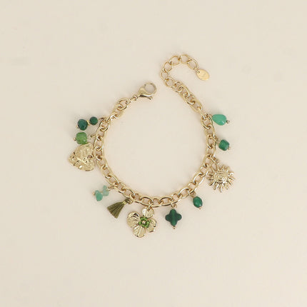 Bracelet - natural stones, heart, clover, sun, pompom