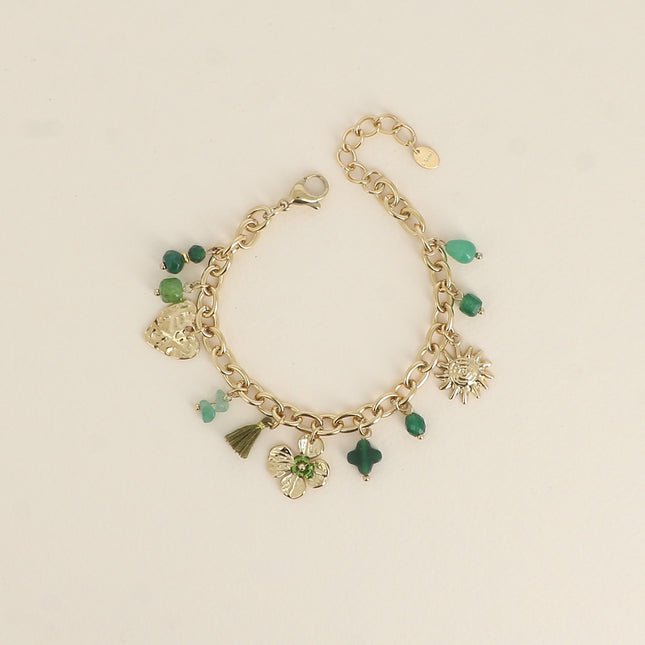 Bracelet - pierres naturelles, coeur, trèfle, soleil, pompon