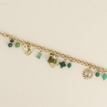 Bracelet - natural stones, heart, clover, sun, pompom
