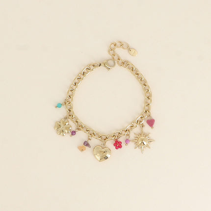 Bracelet - pierres naturelles, soleil, coeur avec fleur gravée et trèfle
