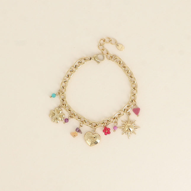 Bracelet - pierres naturelles, soleil, coeur avec fleur gravée et trèfle