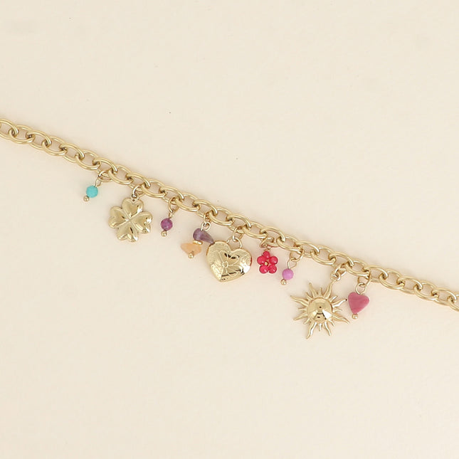 Bracelet - pierres naturelles, soleil, coeur avec fleur gravée et trèfle