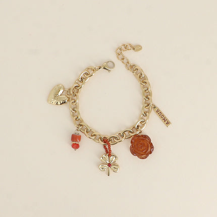 Bracelet - coeur, perle en céramique émaillée, trèfle, rose en résine, plaquette AMOUR