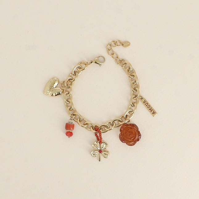Bracelet - coeur, perle en céramique émaillée, trèfle, rose en résine, plaquette AMOUR