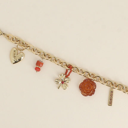 Bracelet - coeur, perle en céramique émaillée, trèfle, rose en résine, plaquette AMOUR
