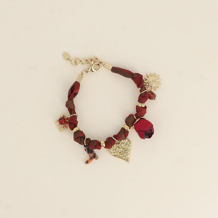 Bracelet Néor - tissu, fleur, pierre naturelle, coeur, soleil, rose ruban, botte en résine
