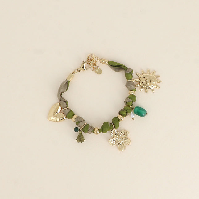 Bracelet Orin - coeur, fleur, soleil, pompon, perle et perle d'eau douce