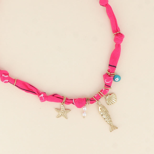 Collier - étoile de mer, perles d'eau douce, poisson, coquillage, oeil émaillé