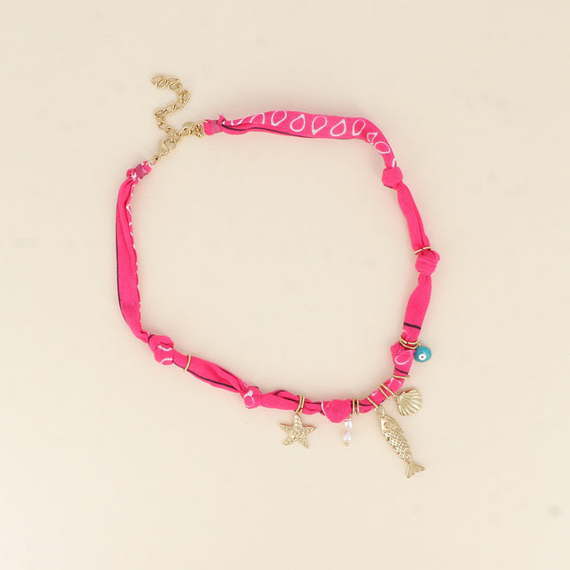 Collier - étoile de mer, perles d'eau douce, poisson, coquillage, oeil émaillé