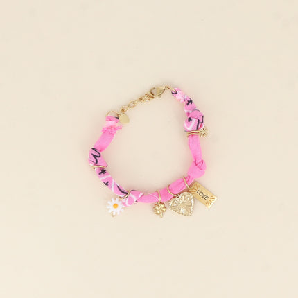 Bracelet - tissu ruban, fleur perlé, trèfle, coeur, plaquette LOVE, soleil