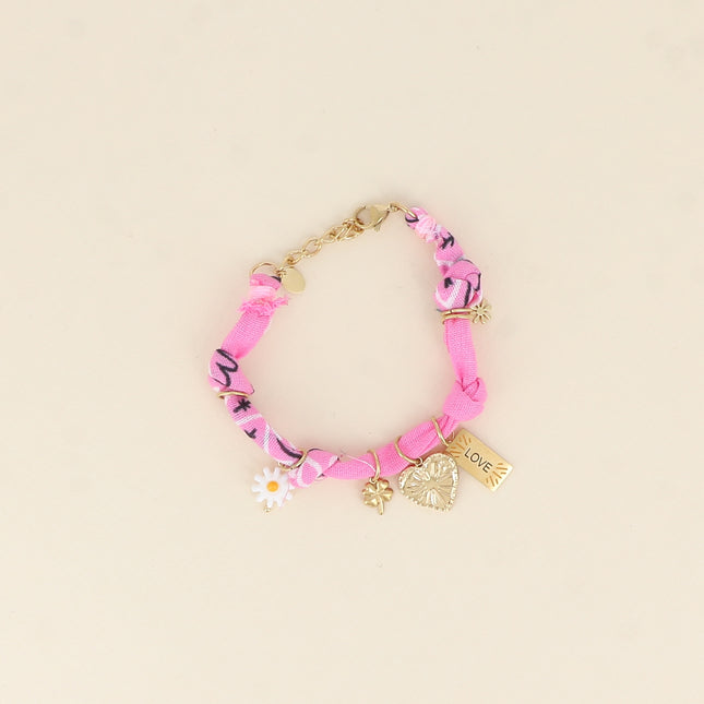 Bracelet - tissu ruban, fleur perlé, trèfle, coeur, plaquette LOVE, soleil