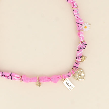 Collier - tissu ruban, fleur perlé, trèfle, coeur, plaquette LOVE, soleil