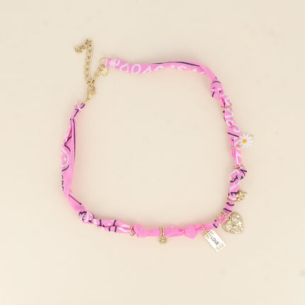Collier - tissu ruban, fleur perlé, trèfle, coeur, plaquette LOVE, soleil