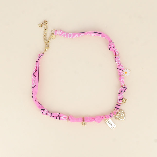 Collier - tissu ruban, fleur perlé, trèfle, coeur, plaquette LOVE, soleil
