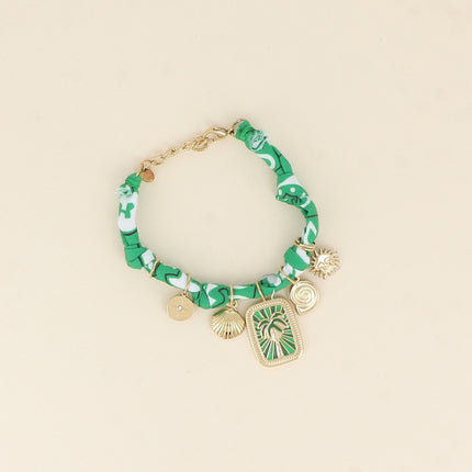 Bracelet Aventura - ruban et coquillage, étoile, soleil, plaquette palmier et émail