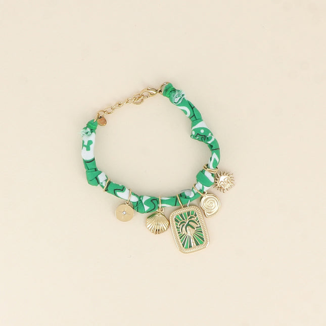 Bracelet Aventura - ruban et coquillage, étoile, soleil, plaquette palmier et émail