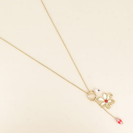 Sautoir - anneau, fleur texturée, perle en céramique émaillée, perle d'eau douce