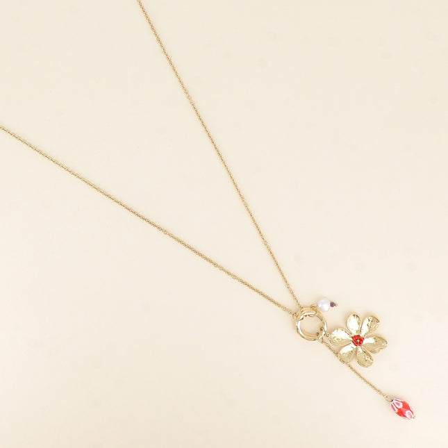 Sautoir - anneau, fleur texturée, perle en céramique émaillée, perle d'eau douce