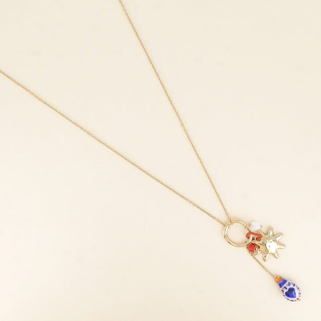 Sautoir - soleil, perle en céramique en émail, perle coeur nacrée et perles