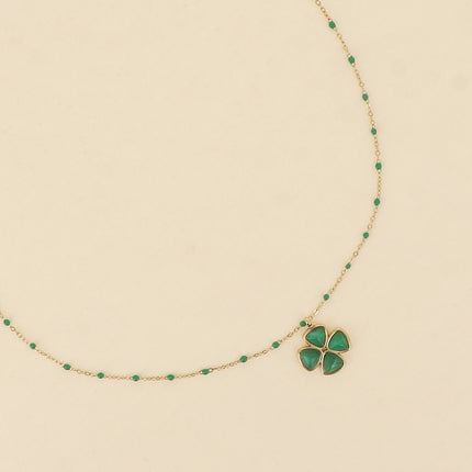 Necklace - enamelled chain, cat's eye clover pendant