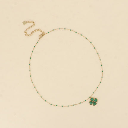 Necklace - enamelled chain, cat's eye clover pendant