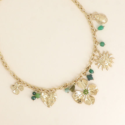 Necklace - natural stones, heart, clover, sun, tassel