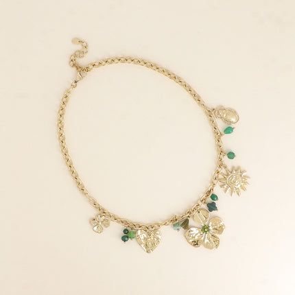 Necklace - natural stones, heart, clover, sun, tassel