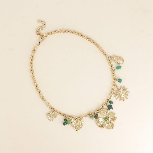 Necklace - natural stones, heart, clover, sun, tassel