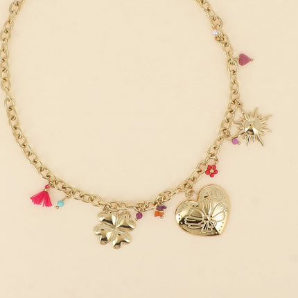 Bracelet - pierres naturelles, soleil, coeur avec fleur gravée et trèfle