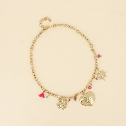 Bracelet - pierres naturelles, soleil, coeur avec fleur gravée et trèfle