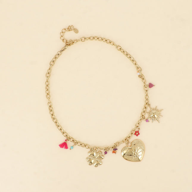 Bracelet - pierres naturelles, soleil, coeur avec fleur gravée et trèfle