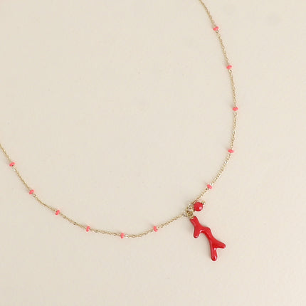 Collier - chaîne aux perles émaillées et corail émaillé