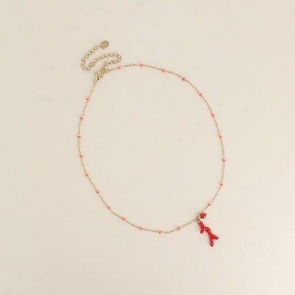 Collier - chaîne aux perles émaillées et corail émaillé