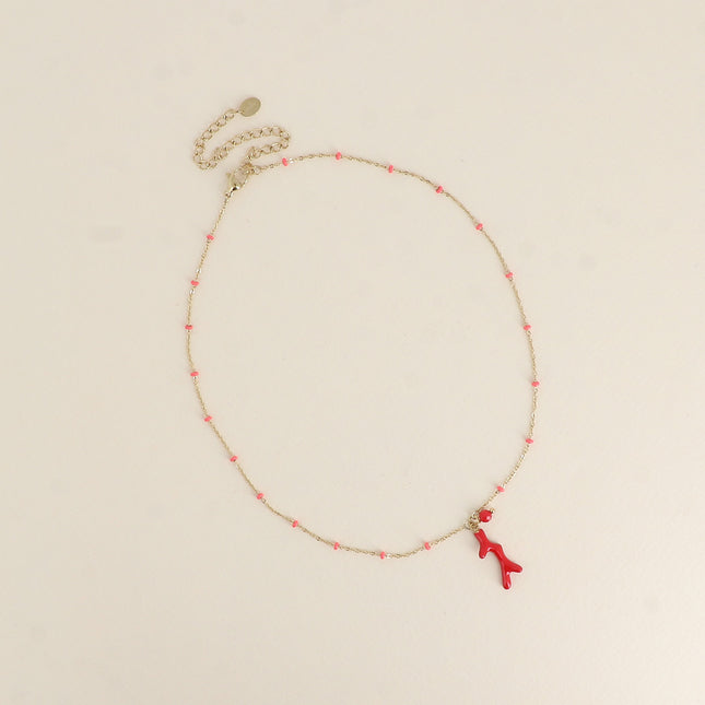 Collier - chaîne aux perles émaillées et corail émaillé