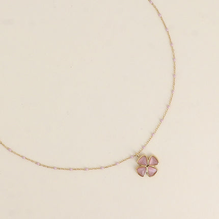 Necklace - enamelled chain, cat's eye clover pendant