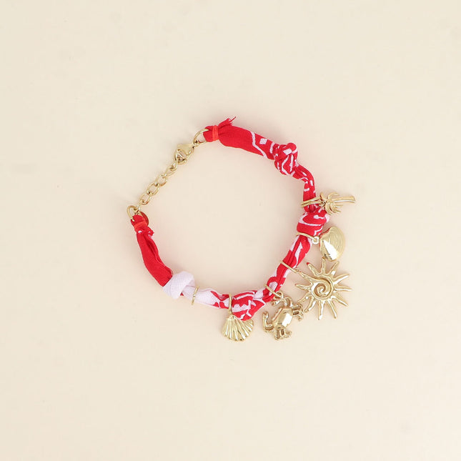 Bracelet - tissu ruban, coquillages, crabe, palmiers