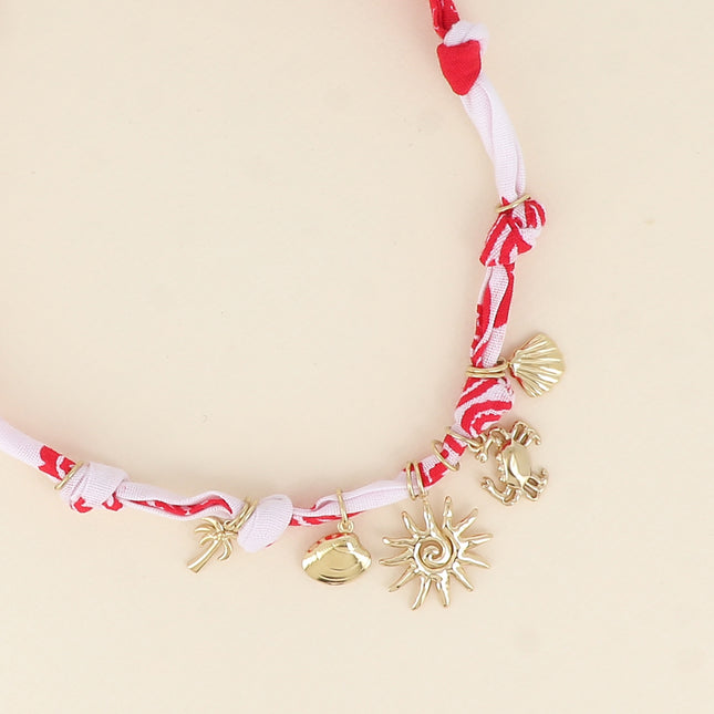 Collier - tissu ruban, coquillages, crabe, palmiers