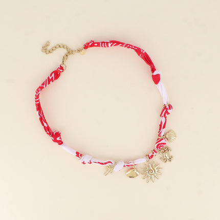 Collier - tissu ruban, coquillages, crabe, palmiers